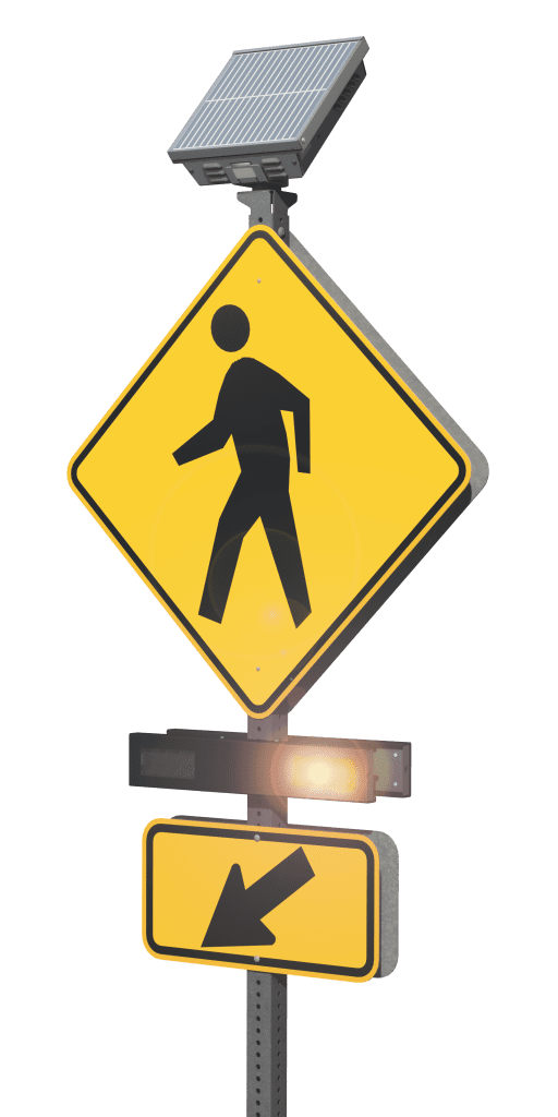 Product rendering of a traffic beacon flashing yellow with a crosswalk sign on a pole