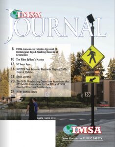 Cover of IMSA journal, March/April edition featuring FHWA announcement on RRFBs.