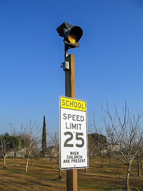 carmanah school zone speed sign beacon on wood post