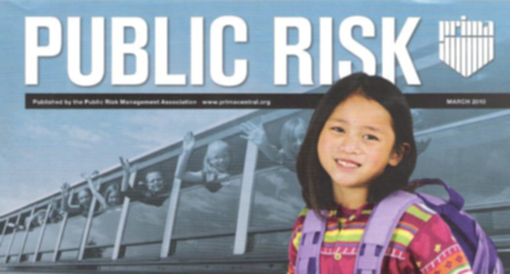 School girl and bus of children from the cover of Public Risk Magazine