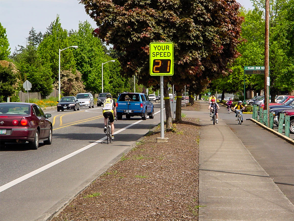speedcheck radar speed sign at a school in tigard, oregon