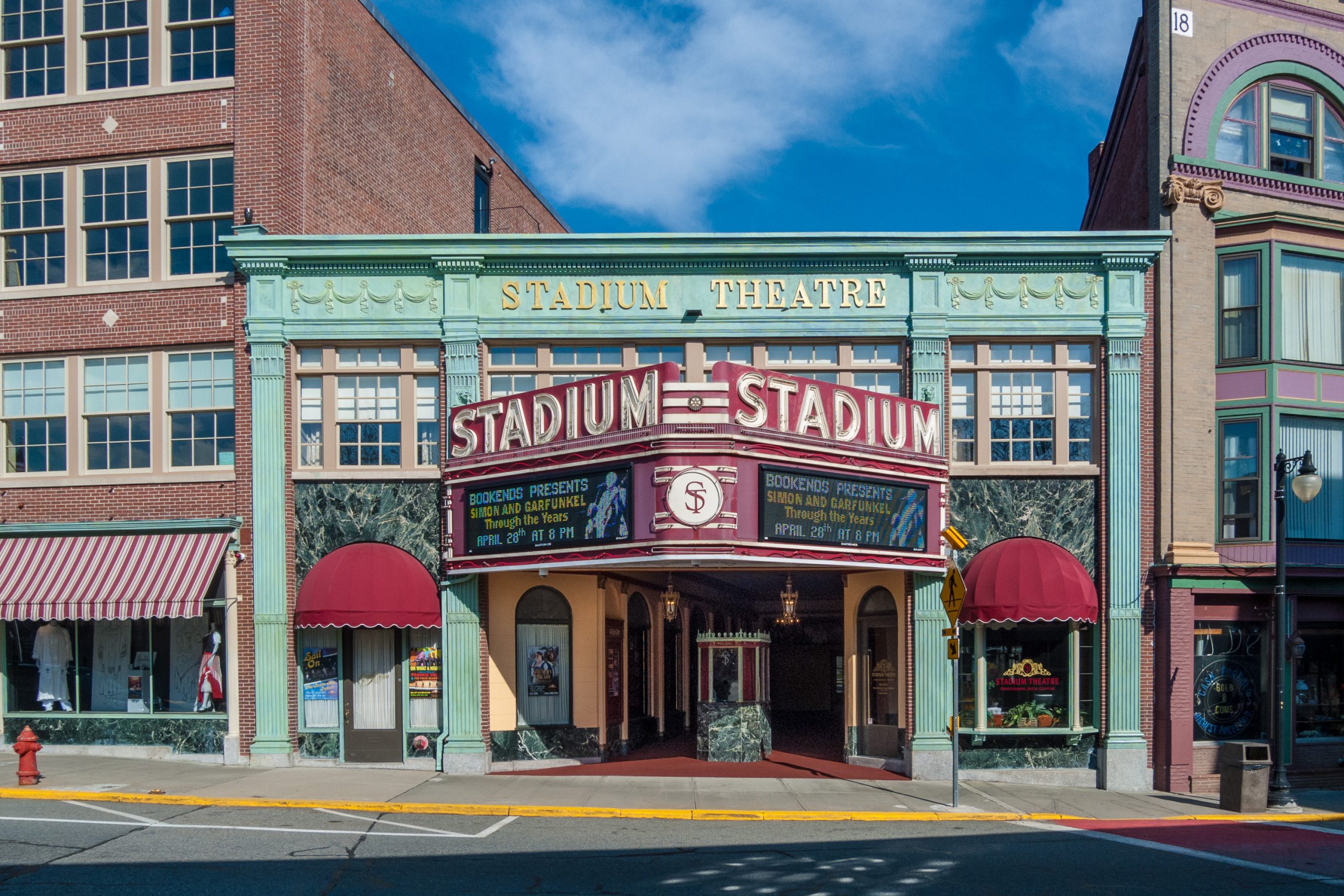 historic theater in woonsocket, rhode island with Carmanah RRFB crosswalk in front