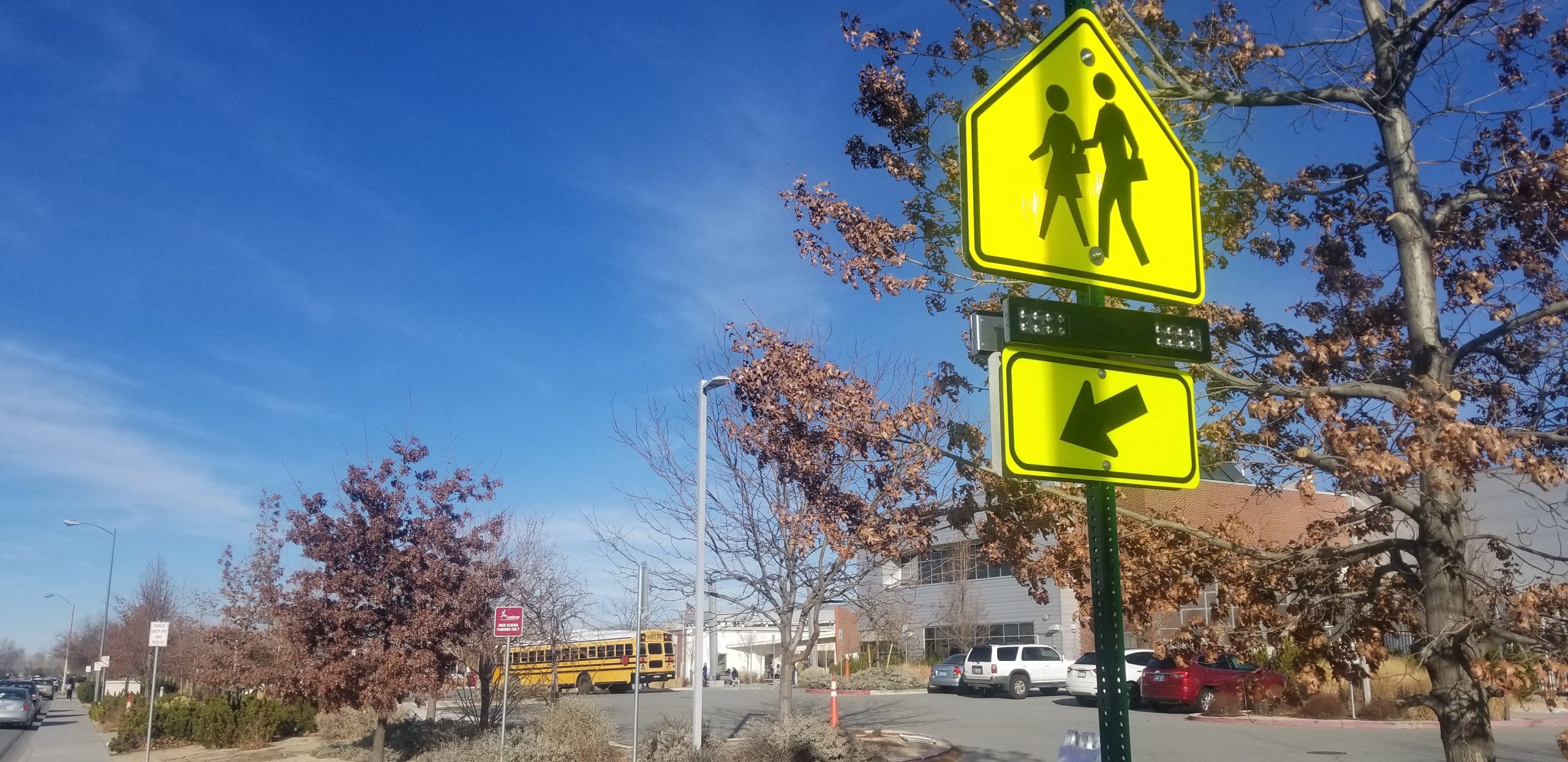 rrfb crosswalk outside academy of arts and sciences high school in reno, nevada
