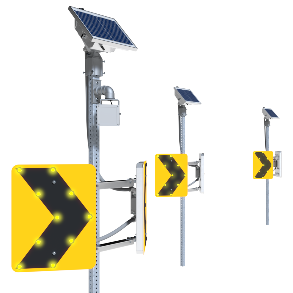 Three dual-sided chevron signs seen from the perspective of a driver approaching a curve.