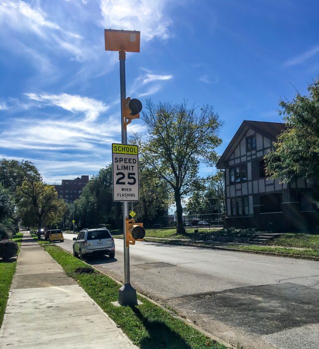 A solar-powered school zone beacon in Indianapolis, Indiana
