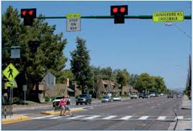image of a pedestrian hybrid beacon above a crosswalk